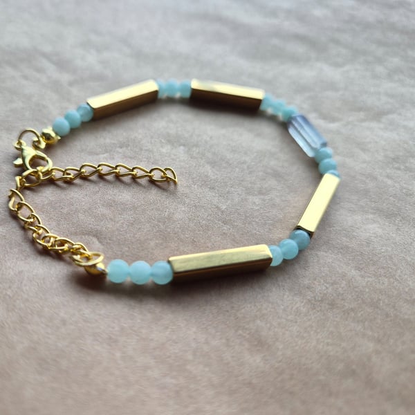 Fluorite one bar bracelet, with mint and gold.
