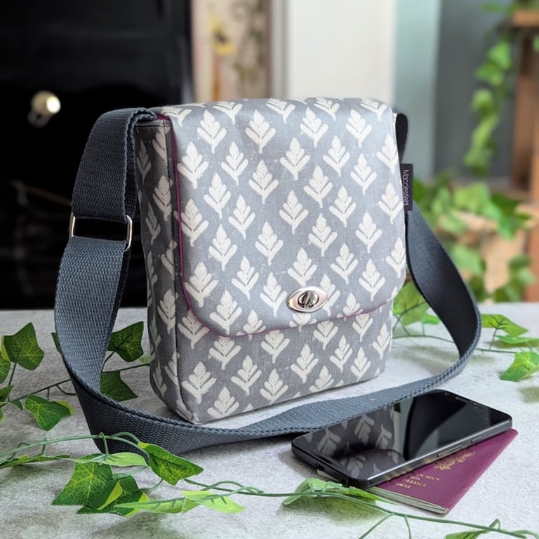 Grey 'leaf' Design, Water-resistant Oilcloth Small Cross Body Bag, Phone Bag