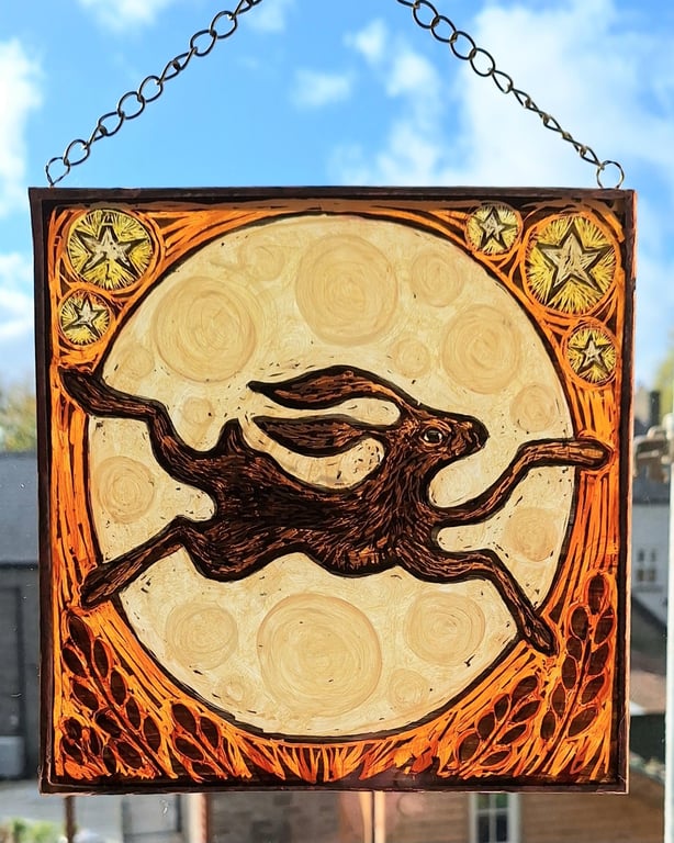 HARE and MOON WINDOW PANEL WALL HANGING. HAND PAINTED HARE. 8 x 8 inches.