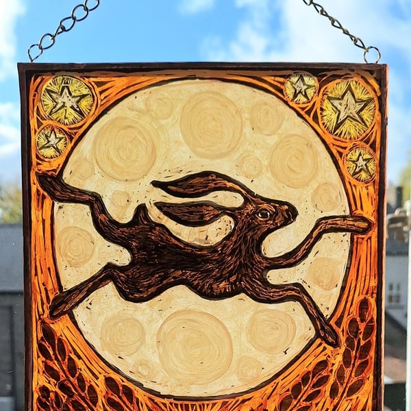 HARE and MOON WINDOW PANEL WALL HANGING. HAND PAINTED HARE. 8 x 8 inches.