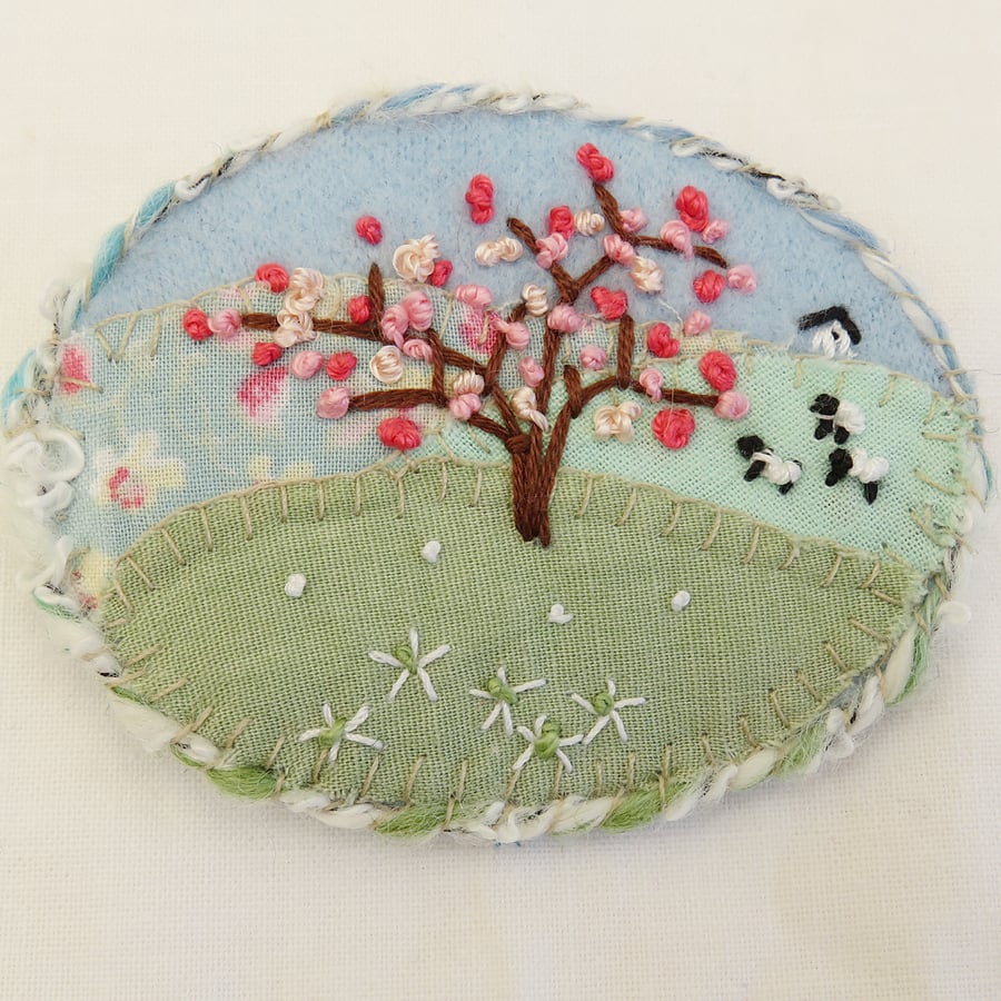 Spring Blossom Brooch Hand Embroidered Landscape
