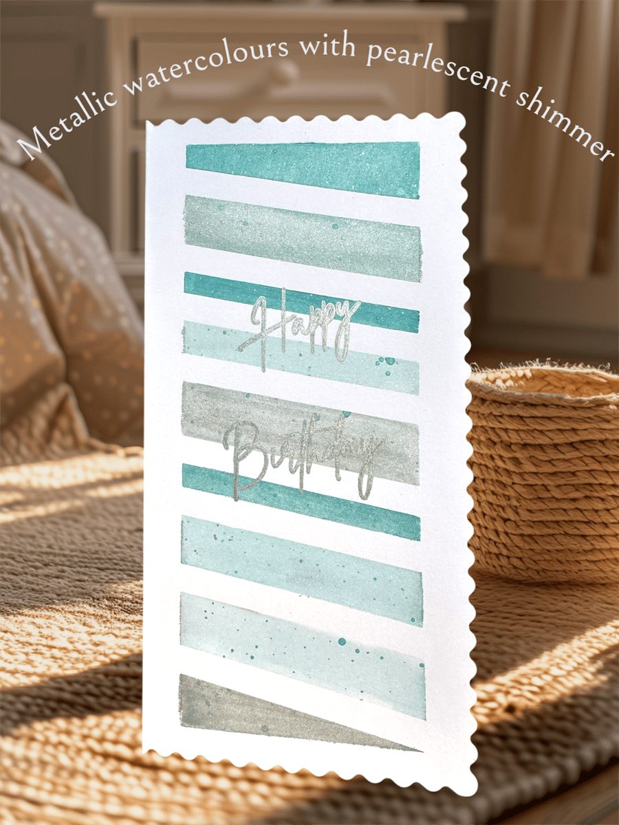 Happy birthday card, Hand painted watercolours, turquoise and silver shades 