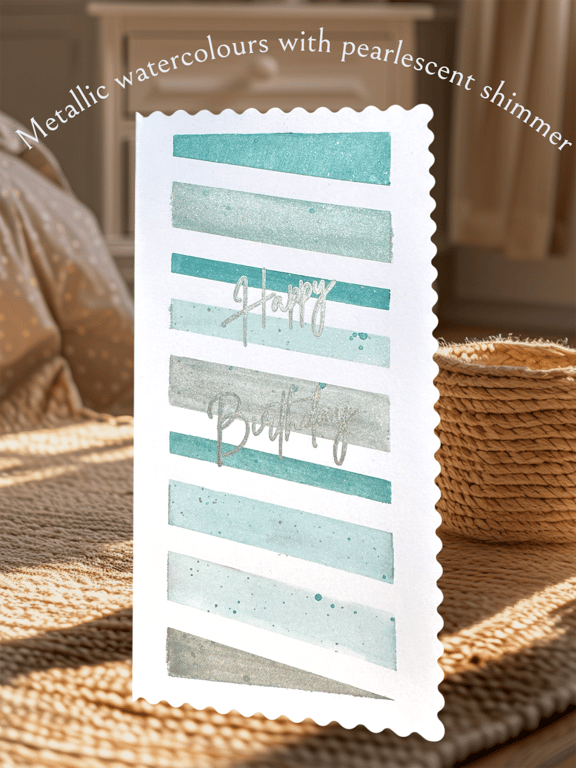 Happy birthday card, Hand painted watercolours, turquoise and silver shades 