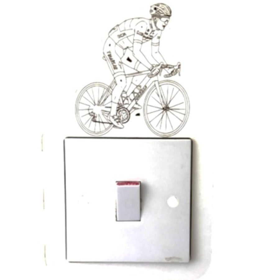Cycling Bicycle Light Switch Surround White Plywood Etched Rider Wall Decor 