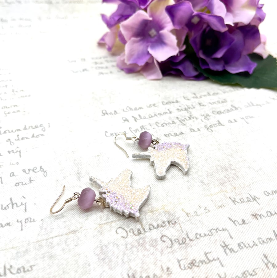 Unicorn silhouette wood dangle earrings white and lilac fantasy lover