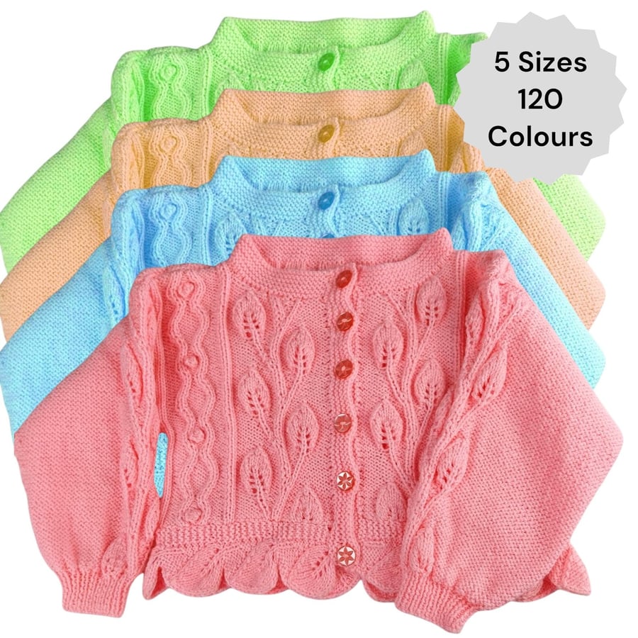 Hand Knitted Girls Cardigan, Leaf & Cable Pattern, Made to Order, 1-10 Years