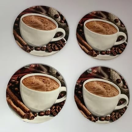 Coffee Cup Roasted Beans with Cinnamon Sticks Decorated set 4 Wooden Coasters