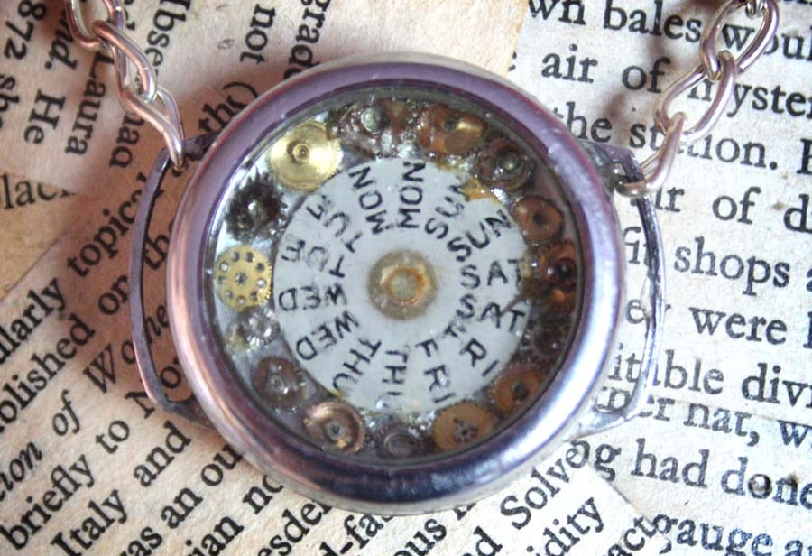 Steampunk Perpetual Calendar Vintage Watch Part Cog Statement Necklace