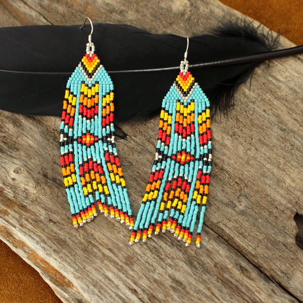 Native American Style Southwest Miyuki Seed Beaded Earrings Summer Star Design