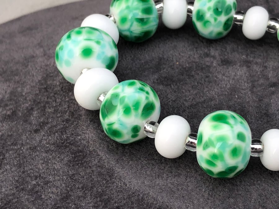 green spotted and white lampwork glass beaded necklace
