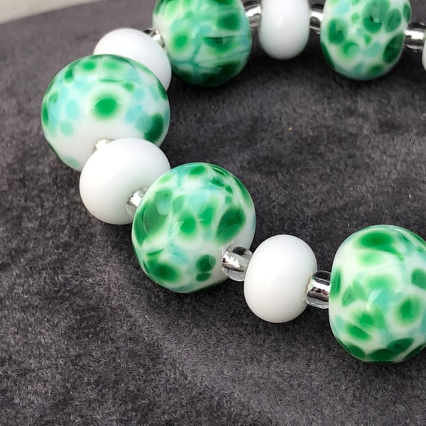 green spotted and white lampwork glass beaded necklace