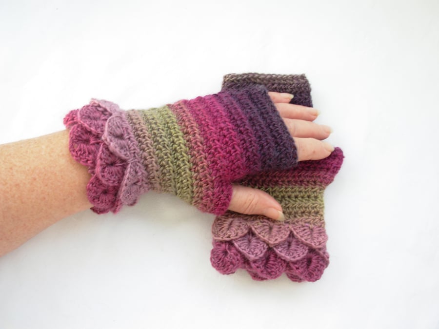 Crochet Fingerless Mitts Gloves with Crocodile Stitch Cuffs Adults