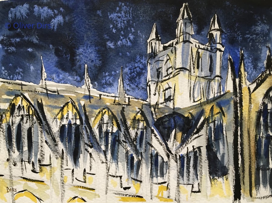 Snow over Bath Abbey – original watercolour & ink painting, framed