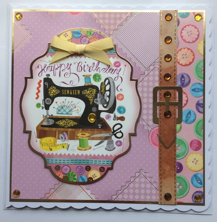 Birthday Card Happy Birthday Vintage Sewing Machine Buttons 3D Luxury Handmade