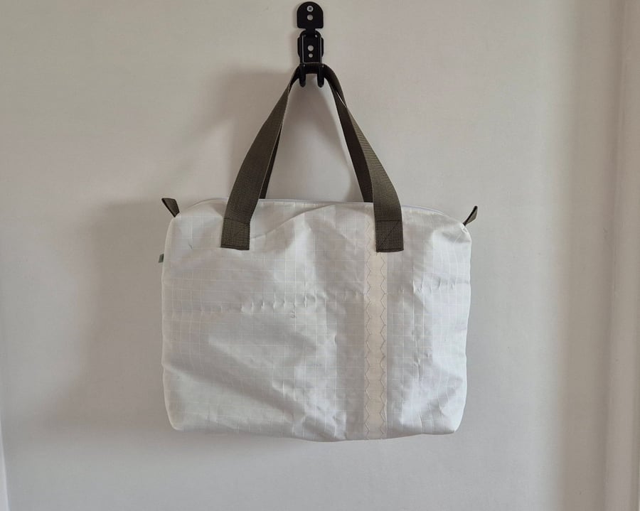 Upcycled Sailcloth Work Bag – Zipped Office Tote with Olive Green Handles