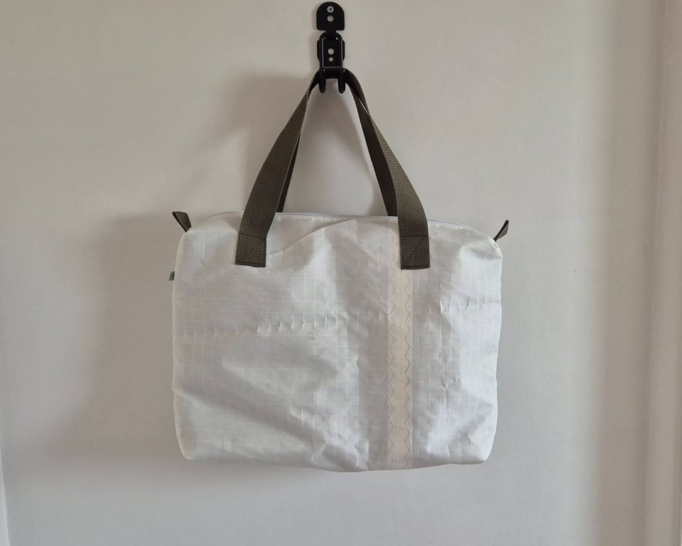 Upcycled Sailcloth Work Bag – Zipped Office Tote with Olive Green Handles