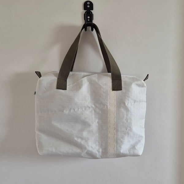 Upcycled Sailcloth Work Bag – Zipped Office Tote with Olive Green Handles