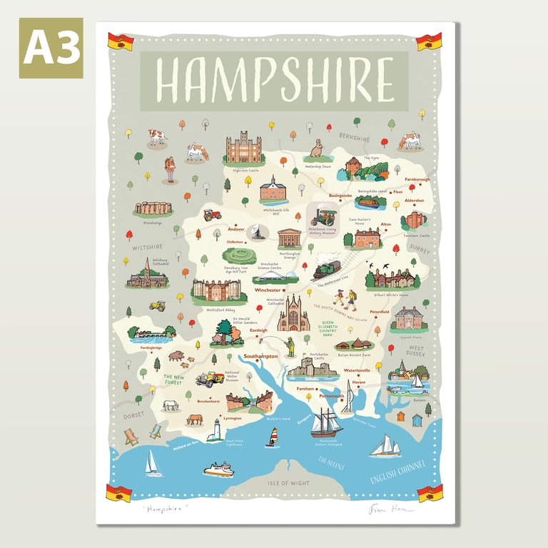Hampshire map, A3 illustrated travel poster, New Forest