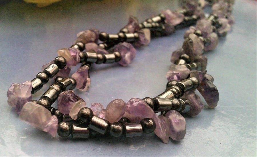 Amethyst & Hematite Necklace, Chunky Purple & Black Gemstone Nugget Necklace