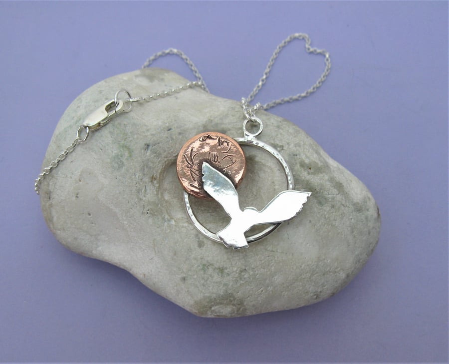 Owl and moon necklace in silver and copper - hallmarked