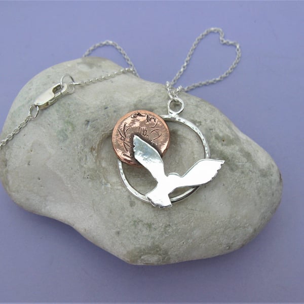 Owl and moon necklace in silver and copper - hallmarked
