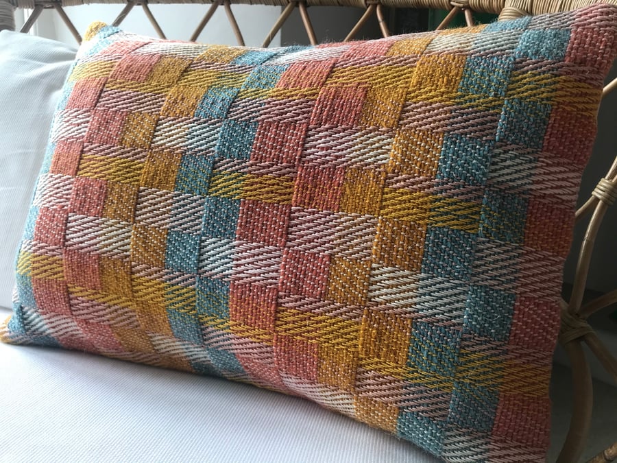 "Helmsley No.1" Nectar-Duck-Egg-Coral. Contemporary handwoven cushion.