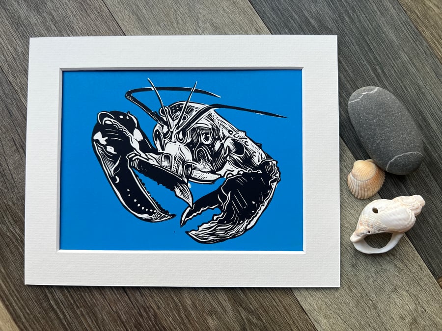 Scottish lobster (blue) original lino print