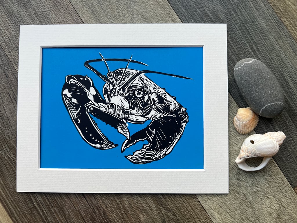 Scottish lobster (blue) original lino print