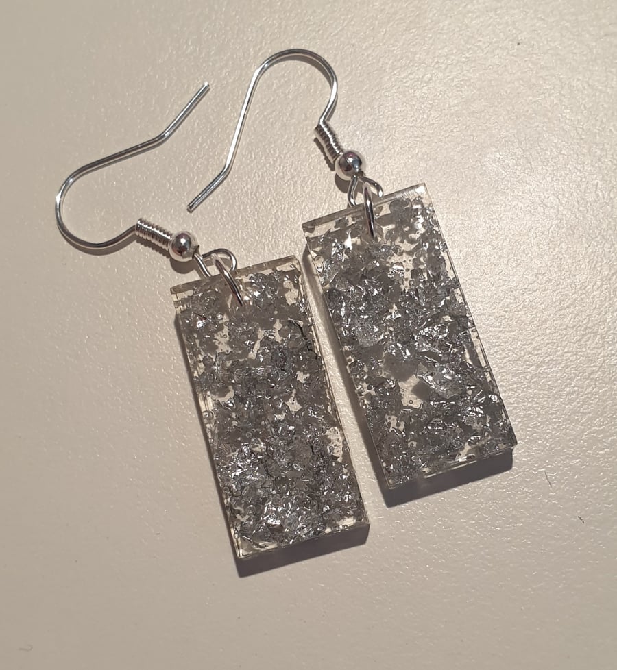 Rectangle silver metallic flakes resin earrings