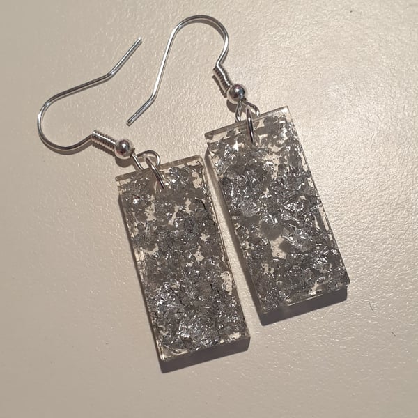 Rectangle silver metallic flakes resin earrings