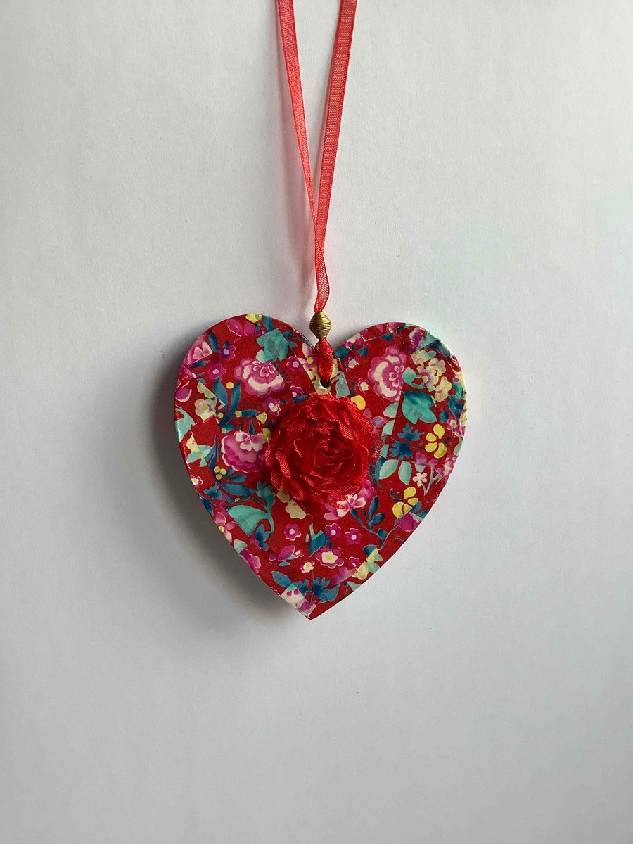 Red floral decopatched wooden heart