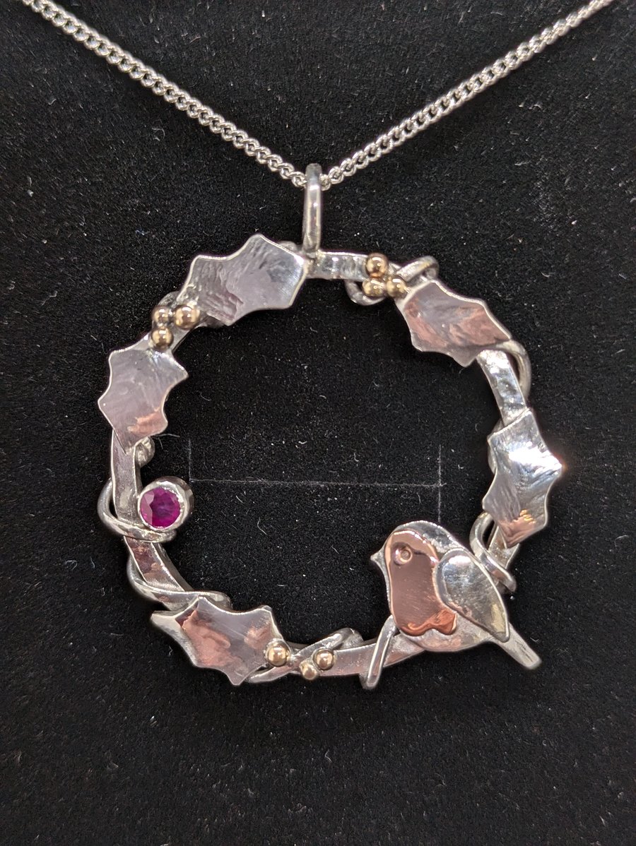 Robin pendant, Silver holly necklace, Winter jewellery, Christmas gift