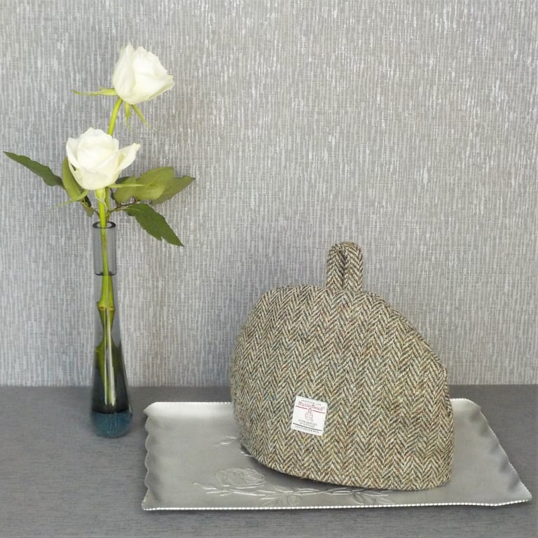 Harris Tweed small tea cosy, olive herringbone 2 cup fabric teapot cover