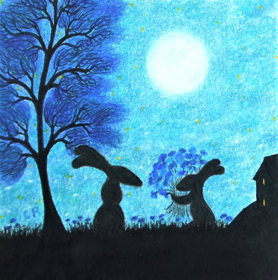 Bunny Rabbit Card, Hare Flowers, Fathers Day Son Daughter Card, Birthday Art Mum