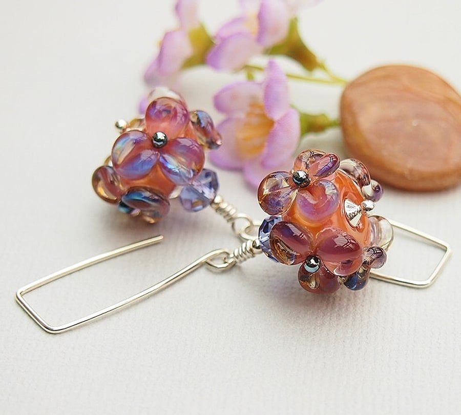 Floral Glass Bead Earrings - Salmon Pink - Violet - Lampwork - Sterling Silver