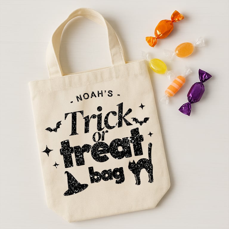 Personalised Trick or Treat Bag Iron On Transfer – Custom Halloween Cat & Hat
