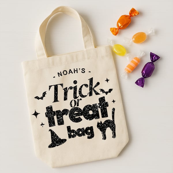 Personalised Trick or Treat Bag Iron On Transfer – Custom Halloween Cat & Hat