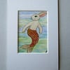 Merbunny Mermaid Bunny Rabbit ACEO original miniature painting in mount