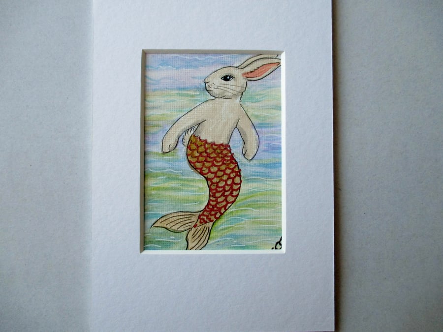Merbunny Mermaid Bunny Rabbit ACEO original miniature painting in mount