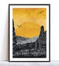 Home Illustrated Art Print: summer garden meadow and shed with big yellow sun - Image 1