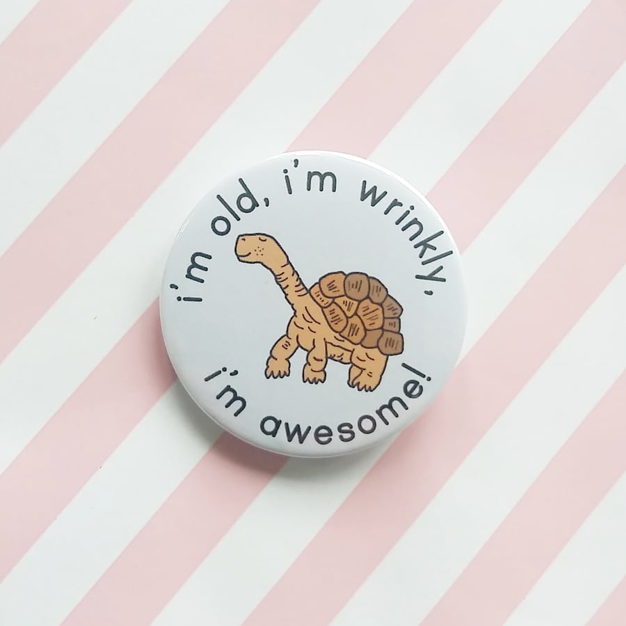 old & awesome tortoise birthday badge, handmade birthday pin badge
