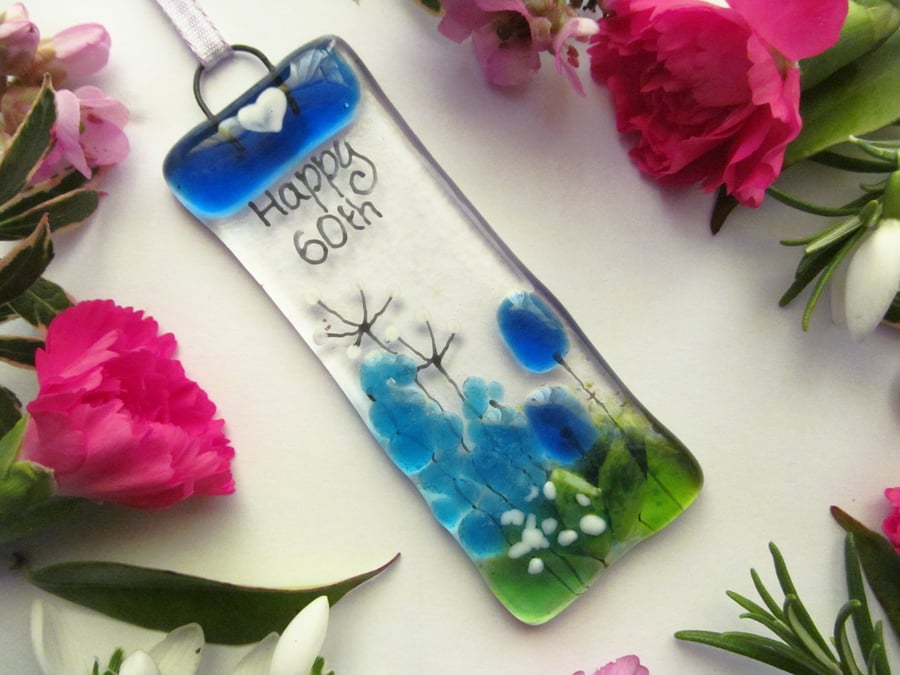 Happy 60th MINI Fused Glass Floral Suncatcher (Blue & Turquoise Country Meadow)