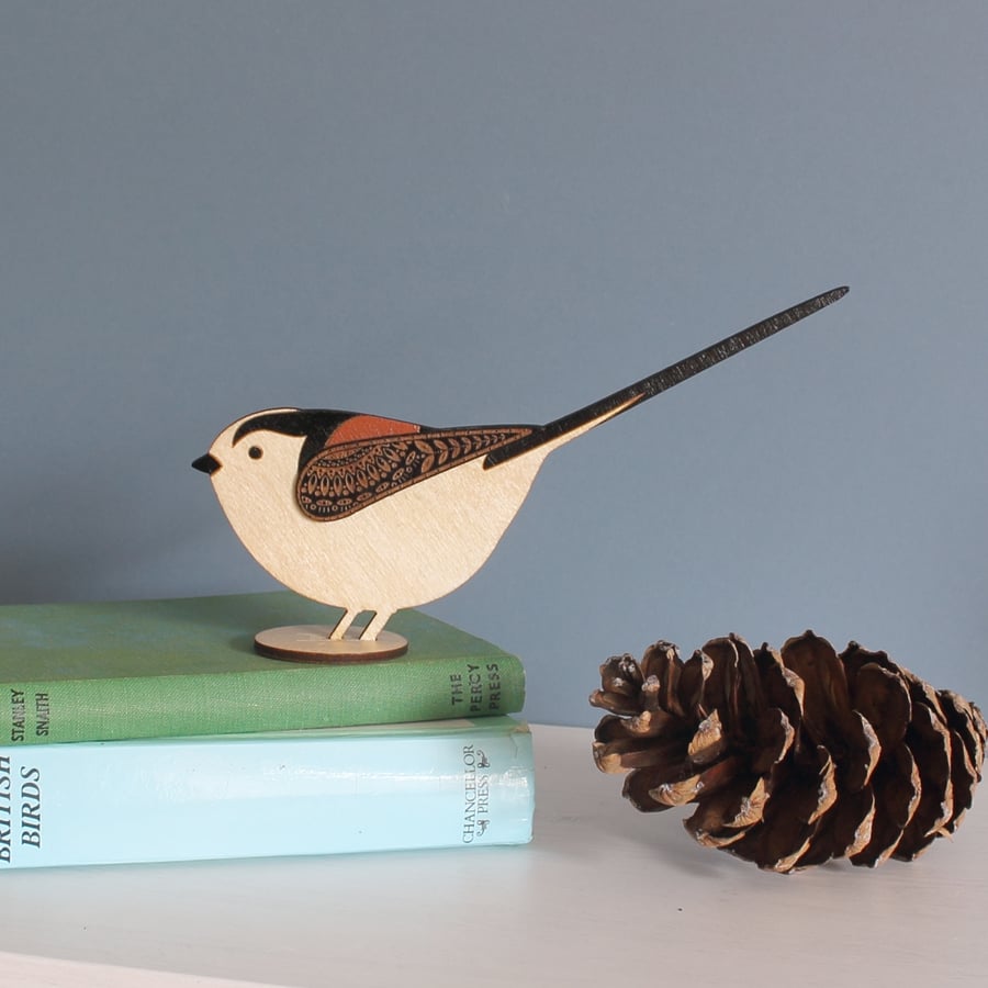 Standing Wooden Long-Tailed Tit Decoration - Hand Painted