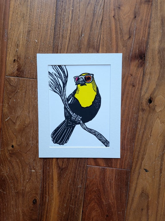 Yellow Headed Blackbird - original handmade linocut bird art print