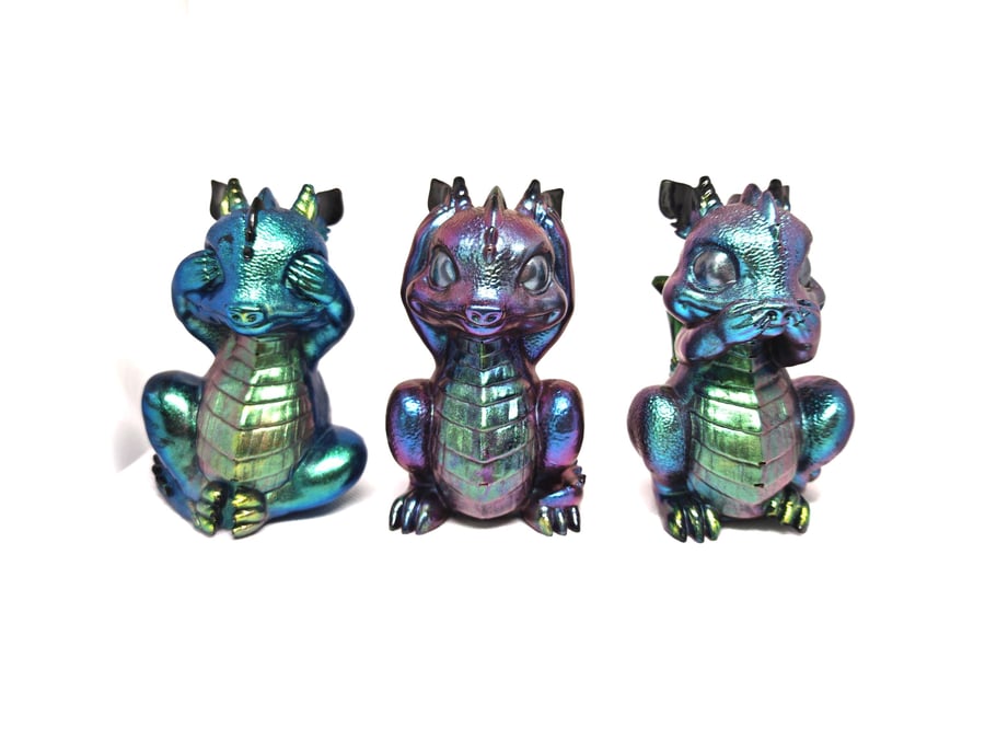 Iridescent Resin Dragon Figurines: See No Evil Trio, Gothic Fantasy Decor