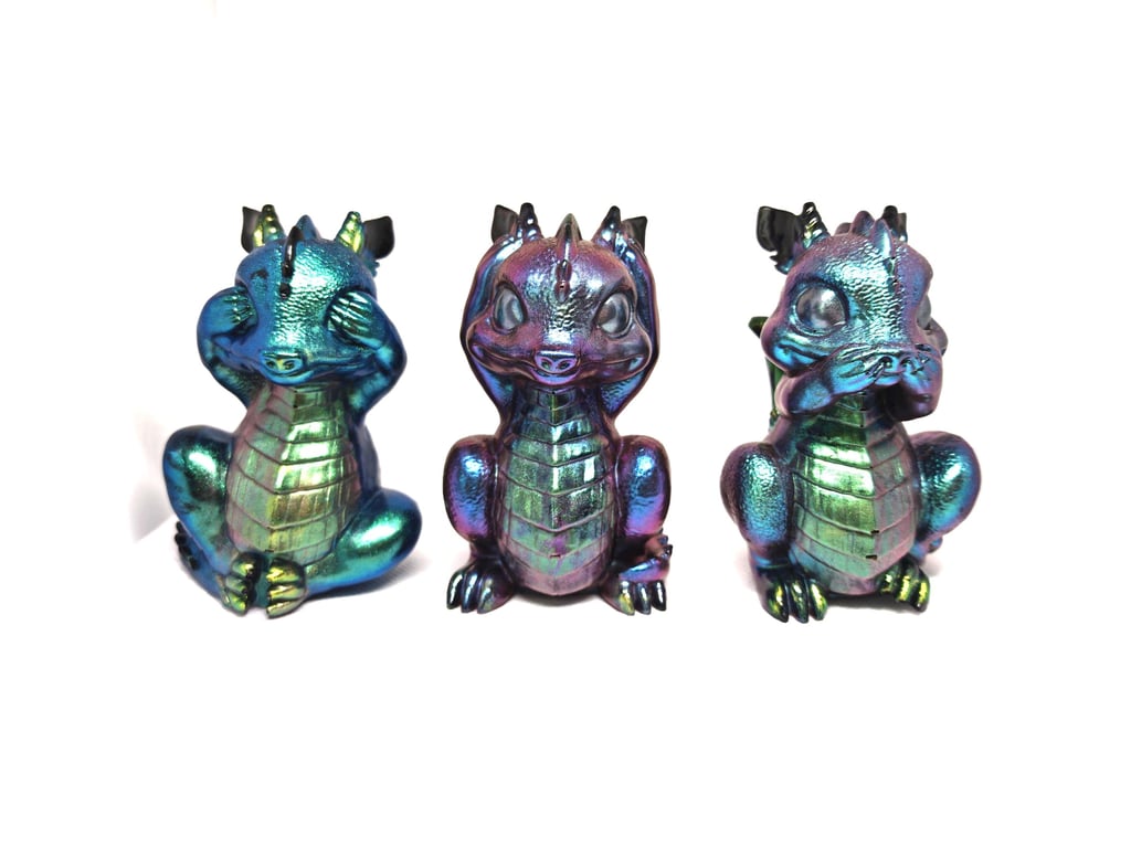 Iridescent Resin Dragon Figurines: See No Evil Trio, Gothic Fantasy Decor