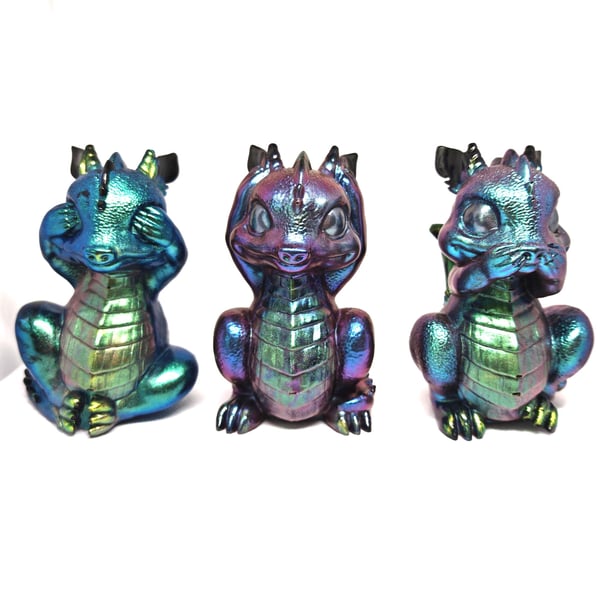 Iridescent Resin Dragon Figurines: See No Evil Trio, Gothic Fantasy Decor