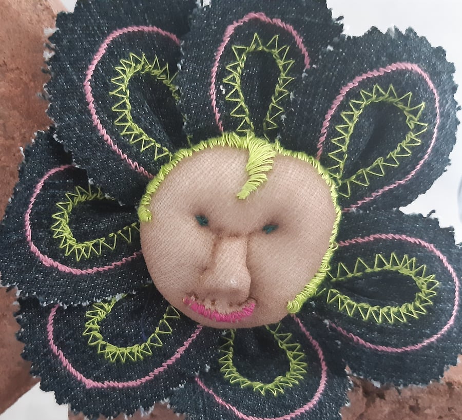 Flower Babies Brooches - Denim with Green Hair