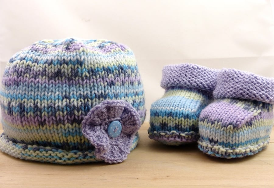Hand Knitted Hat & Booties
