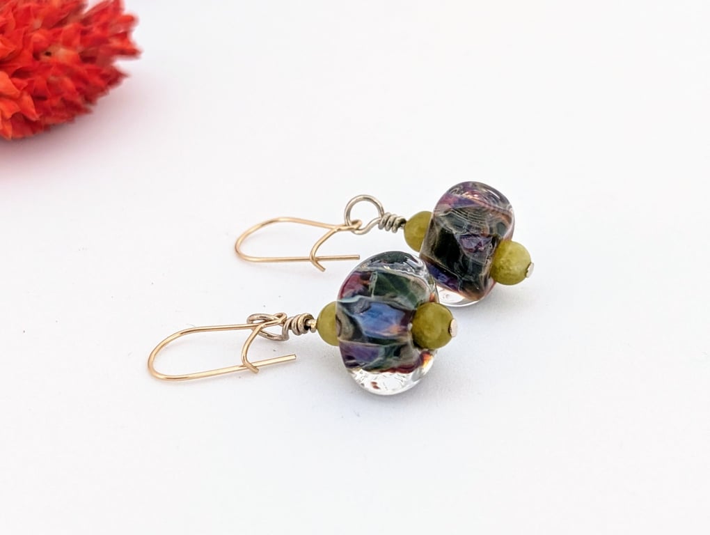 Lampwork Art Glass Earrings: Soft Mauve and Green, Gold Filled Earwires